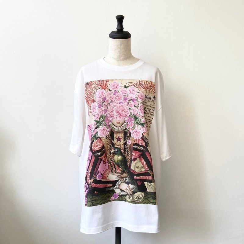 《植物女士肖像》 - 女装 T 恤 - 棉．麻 白色