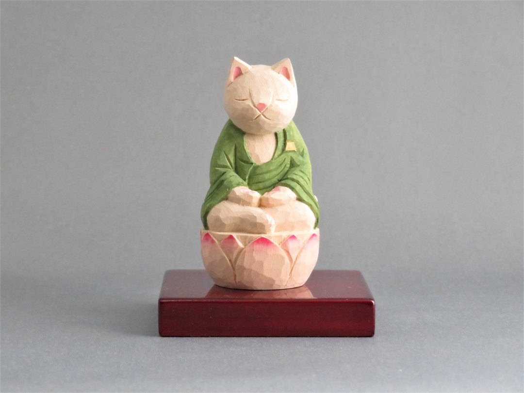 Wood carving Cat Buddha 1913 - 玩偶/公仔 - 木头 绿色