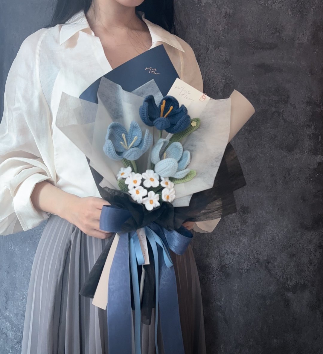 三朵郁金香勿忘我花束 - 蓝 In Blue Shades - 干燥花/捧花 - 棉 蓝色