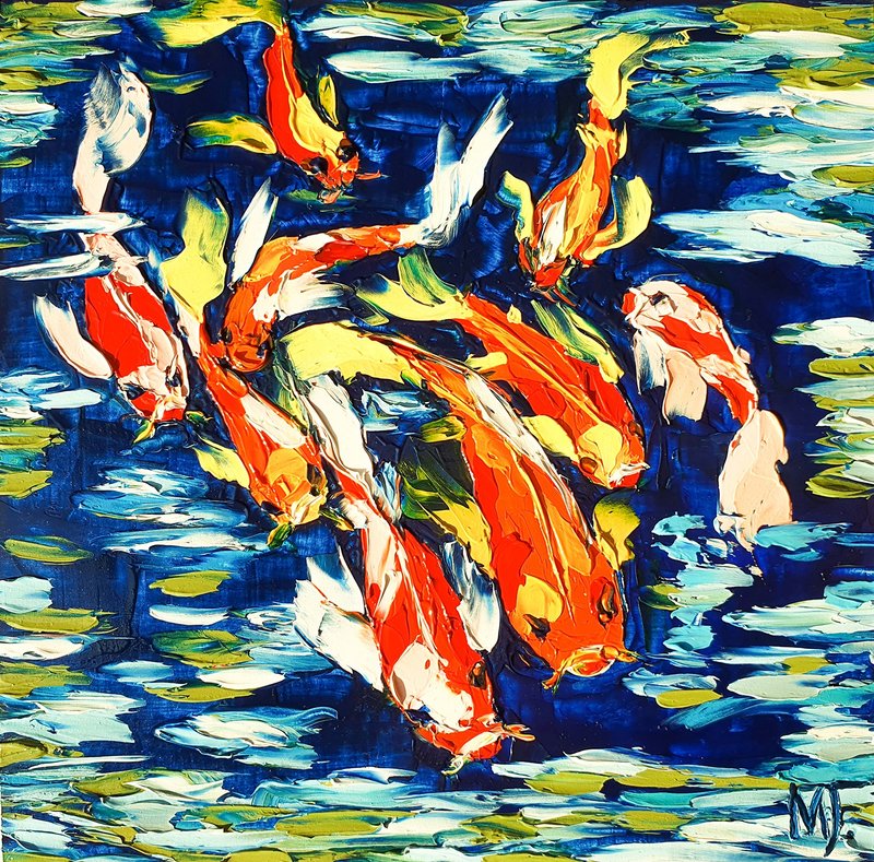Koi Fish Painting 9 Nine Fish Original Art Japanese Carp Artwork Feng Shui Art - 海报/装饰画/版画 - 其他材质 蓝色