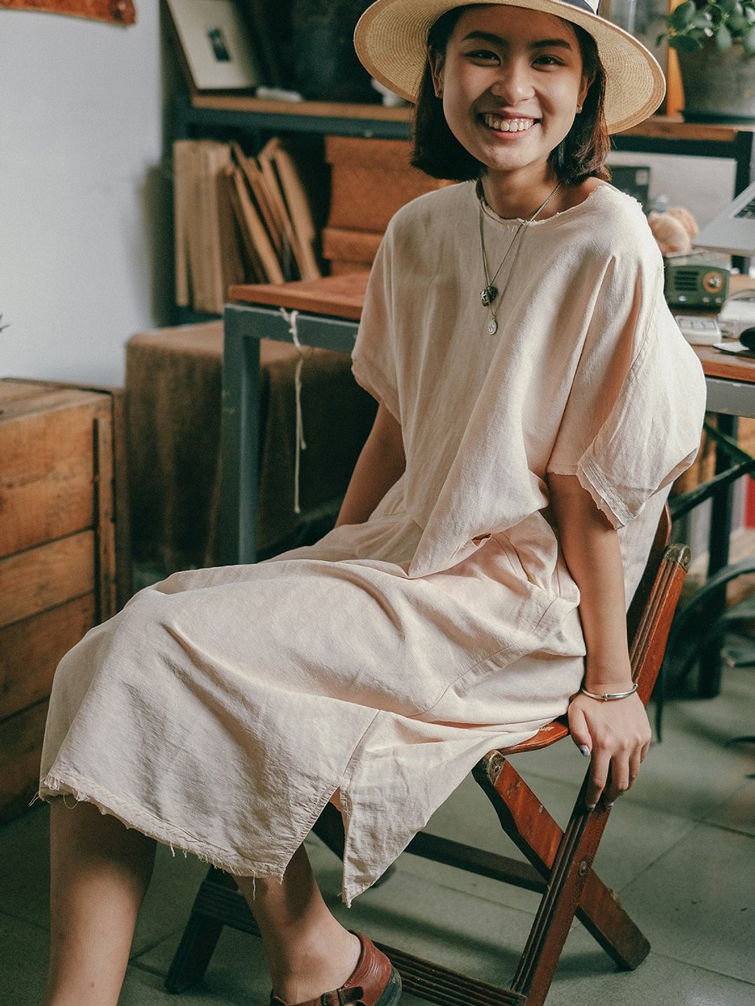 煙粉色 野生薯莨染 漢麻真絲蝙蝠袖寬鬆洋裝 限量文藝長款連身裙 - 洋装/连衣裙 - 棉 粉红色
