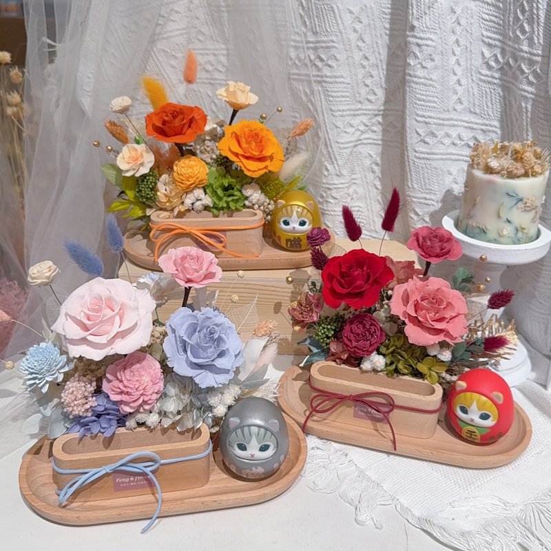 FengFlower 【猫福达摩不倒翁招财永生花名片座】永生花/送礼 - 干燥花/捧花 - 植物．花 