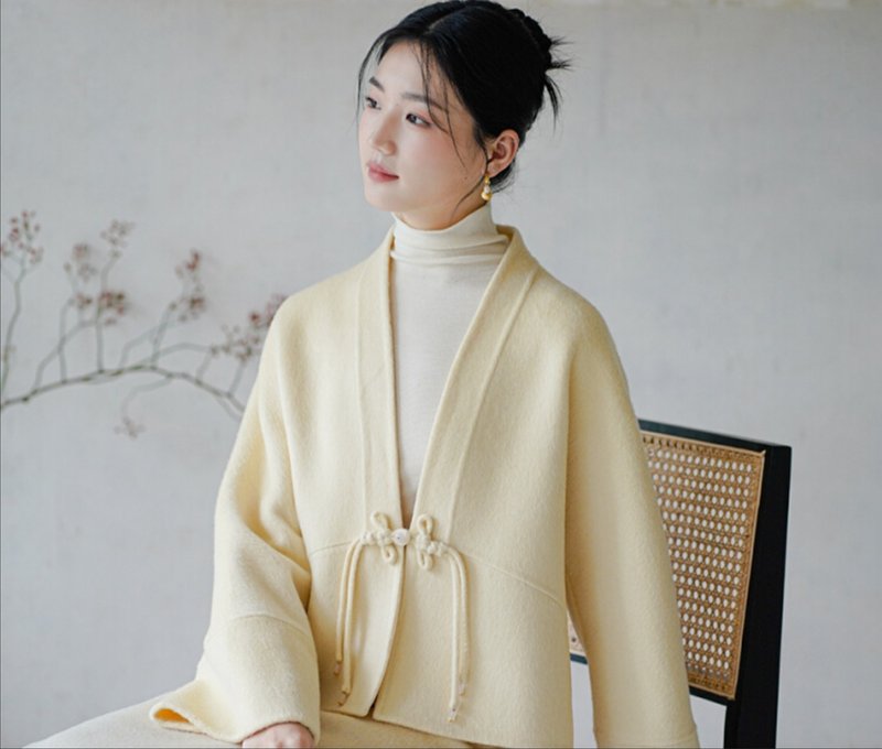 新中式復古中國風 双面羊毛尼套裝短款大衣 - 女装上衣 - 羊毛 黄色