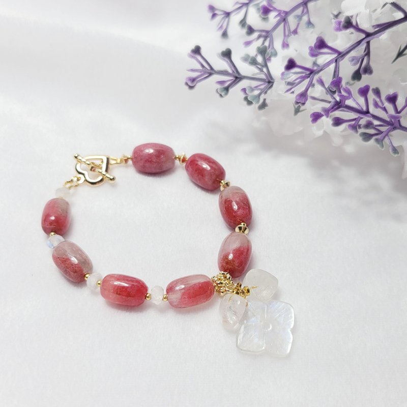 台湾花莲玉化玫瑰石 樱花雨 蓝月光石 花 心 手链 单品 礼物 - 手链/手环 - 宝石 粉红色