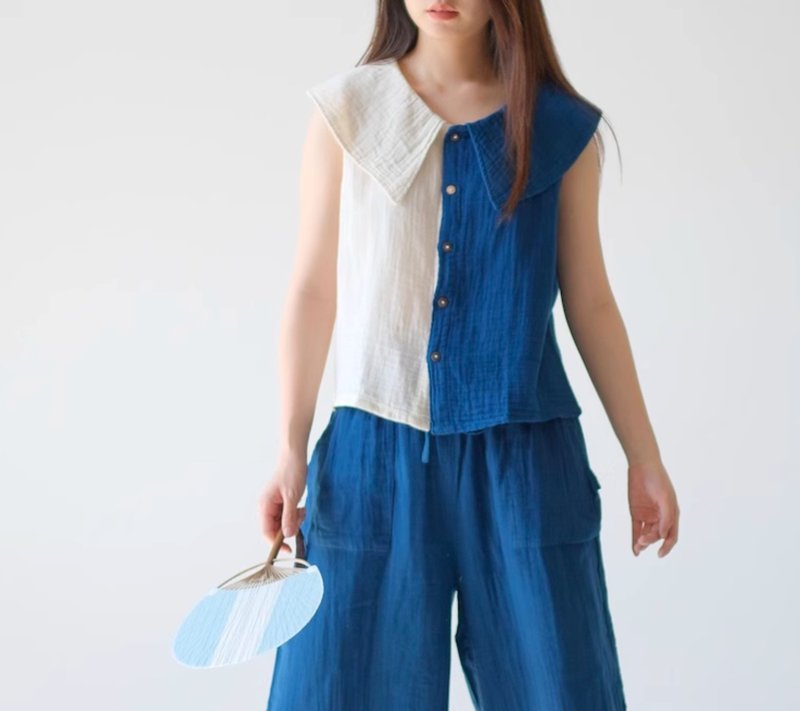 【棉質手工蓝染】翻领可开襟/圆领三色上衣 - 女装上衣 - 棉．麻 蓝色