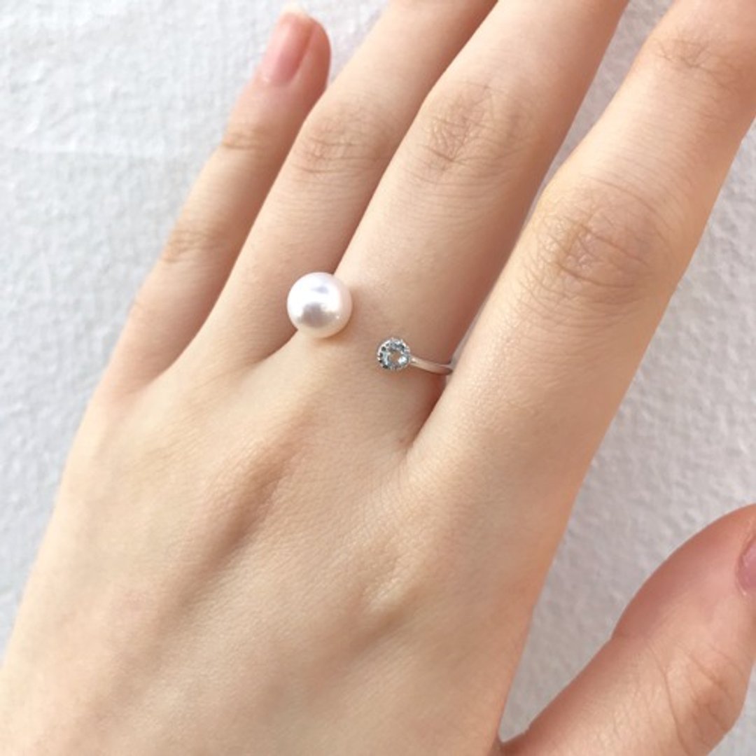 Akoya pearl and aquamarine free ring - 戒指 - 其他金属 