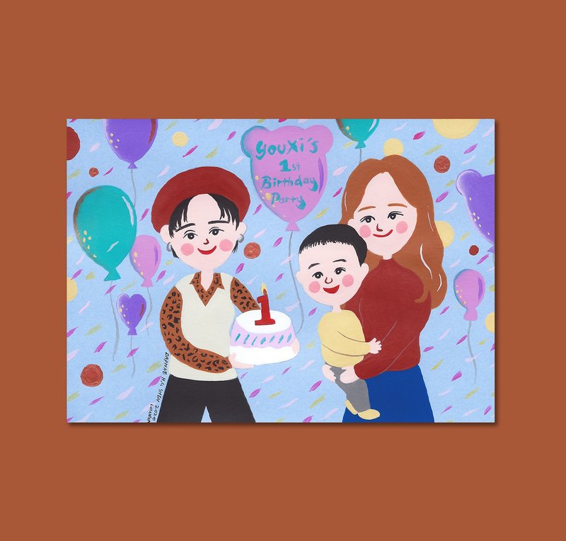 宝宝系列 定制3人画像 生日/全家福/弥月/婴幼儿/纪念/婚礼/情人 - 订制画像 - 纸 蓝色