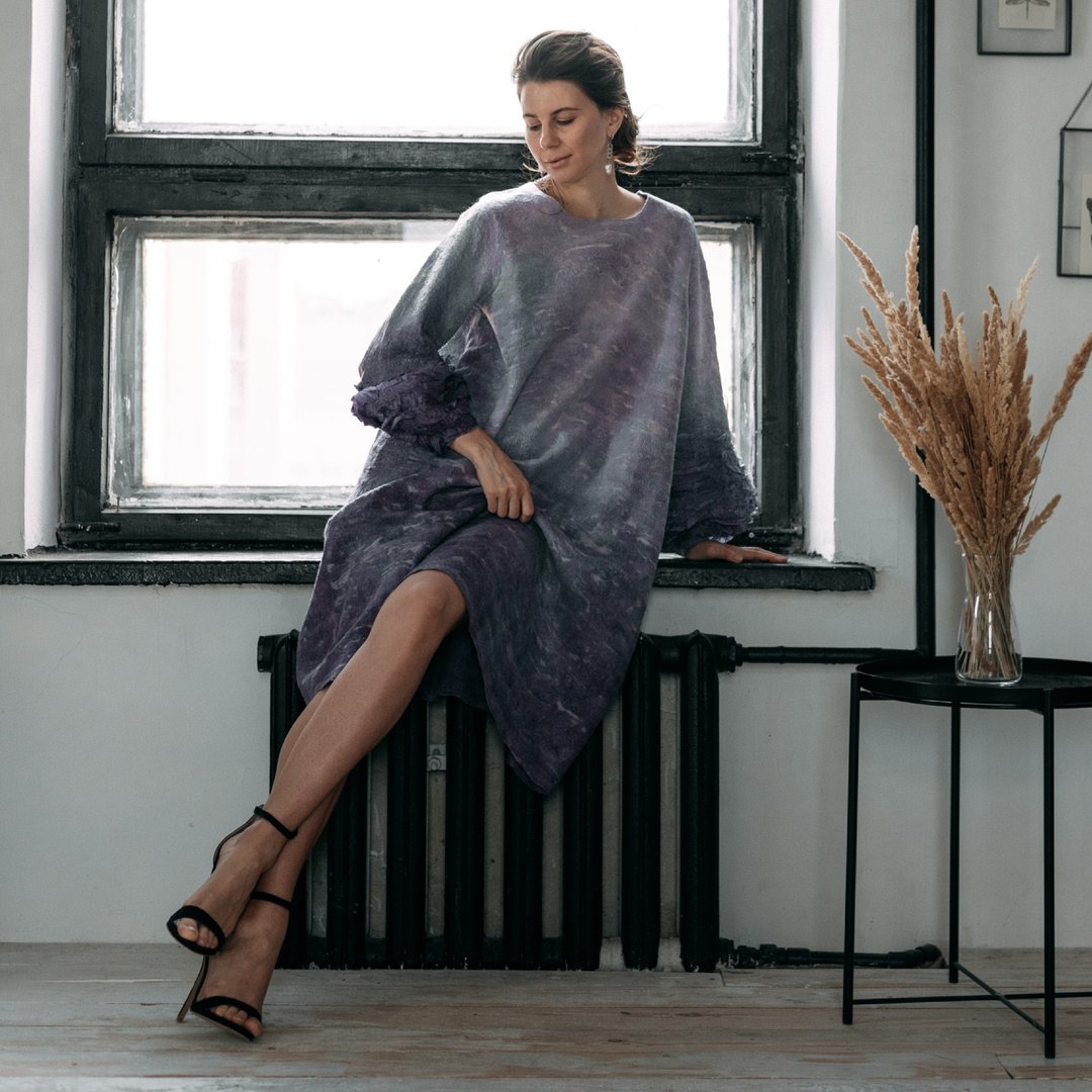 Pale purple dress from felted wool and silk - Unique purple big size dress - 洋装/连衣裙 - 羊毛 紫色