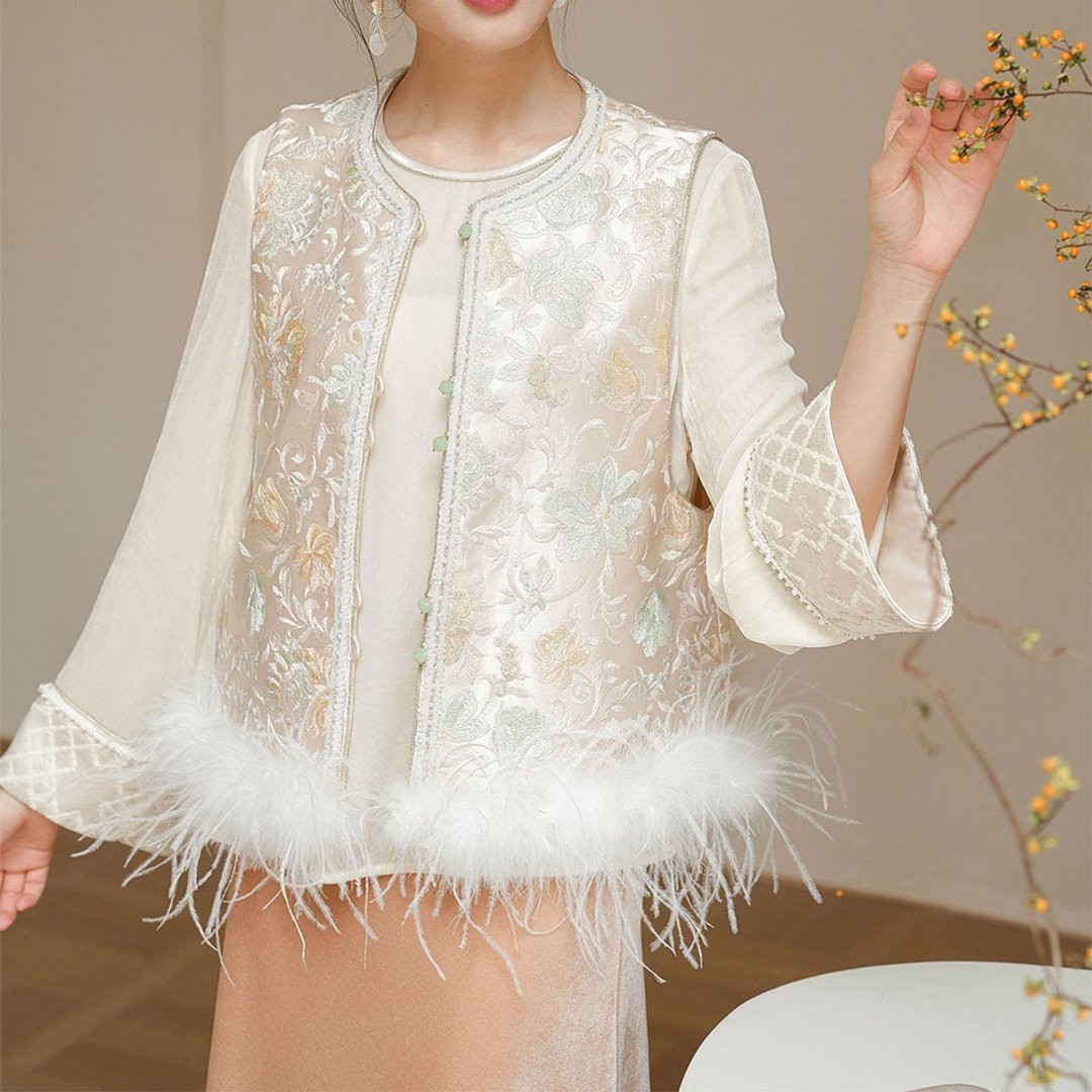【綉花駝鳥毛】新中式復古风 坎肩上衣/馬甲/半裙 - 女装上衣 - 其他材质 多色