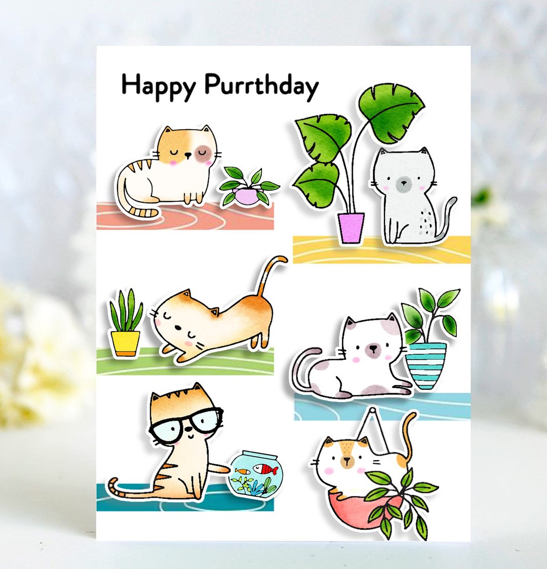 【4张英文生日卡片】可爱猫咪盆栽植物立体手工卡片 - 卡片/明信片 - 纸 多色