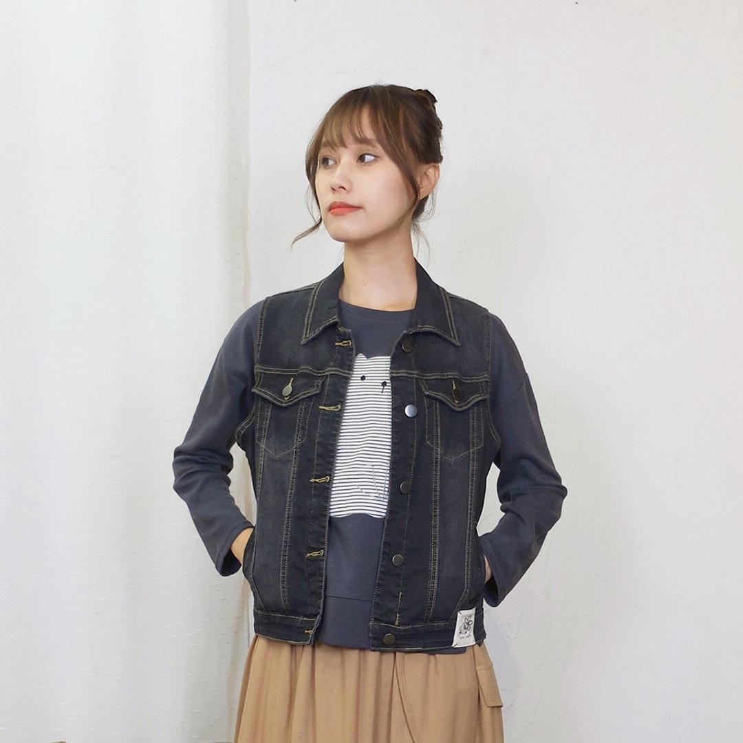 Hana Mokuba 撞色压线水洗感无袖牛仔外套 - 女装休闲/机能外套 - 其他材质 