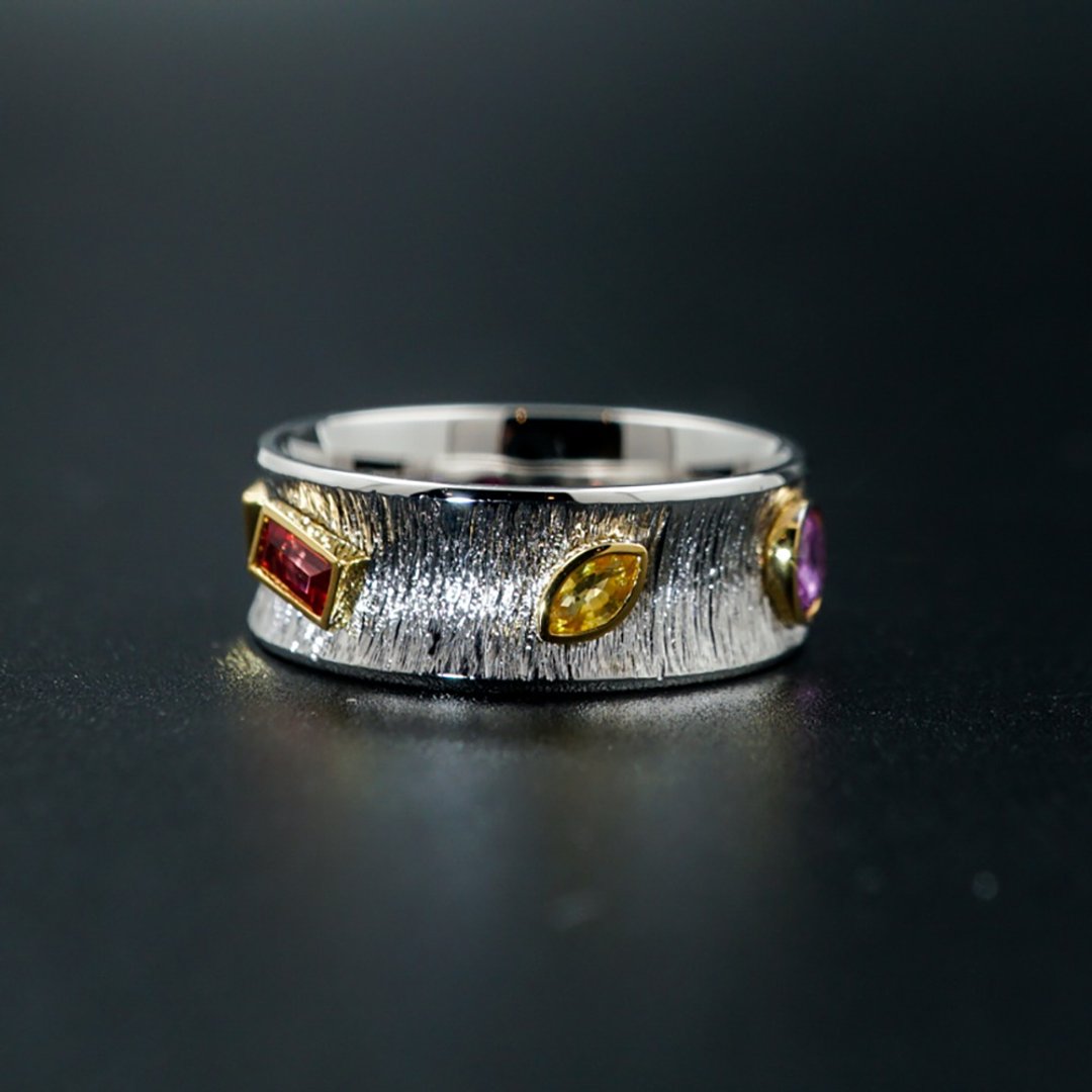 【不羁彩虹】CJ Design 18K金镶嵌彩色蓝宝石彩宝 复古戒指 - 戒指 - 宝石 