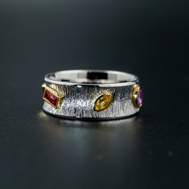 【不羁彩虹】CJ Design 18K金镶嵌彩色蓝宝石彩宝 复古戒指 - 戒指 - 宝石 