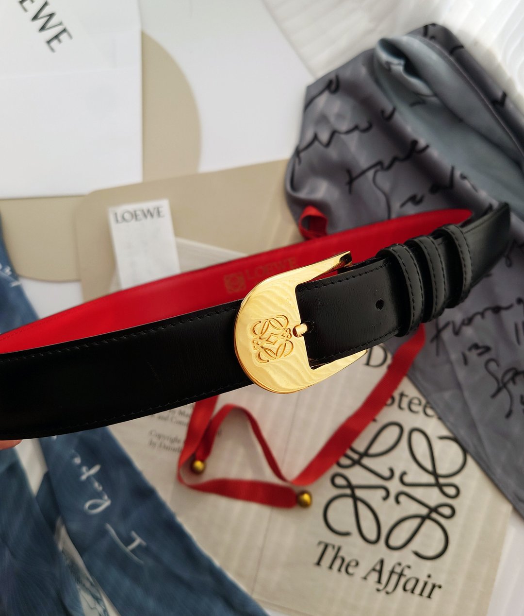 中古孤品 Loewe 绝版黑金红里 BOX皮 logo vintage腰带皮带 belt - 皮带/腰带 - 真皮 黑色