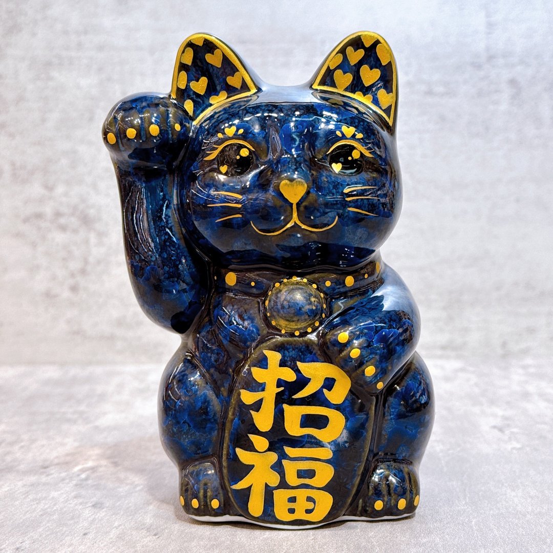 【福心绽光】日本清水烧招财猫 | 青墨 - 金彩心 招福 - 摆饰 - 瓷 蓝色