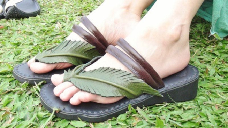 Women Leather Sandals, Men Leather Sandals  Palm Tree - 拖鞋 - 真皮 绿色