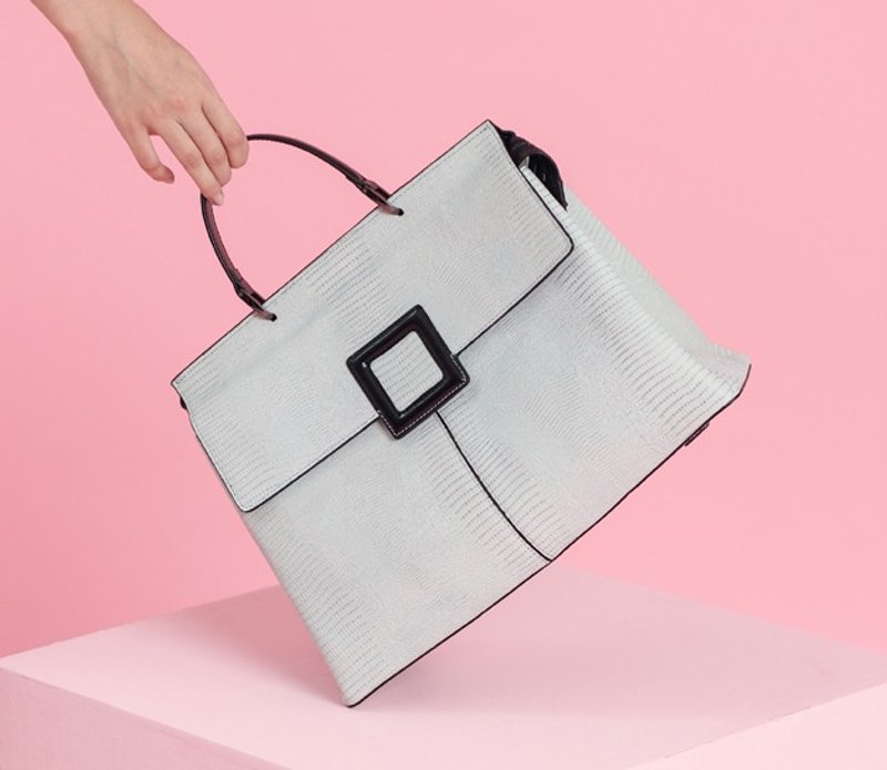 方形扣盖 双皮质手提肩背两用真皮公文包 灰白拼黑 - 手提包/手提袋 - 真皮 白色