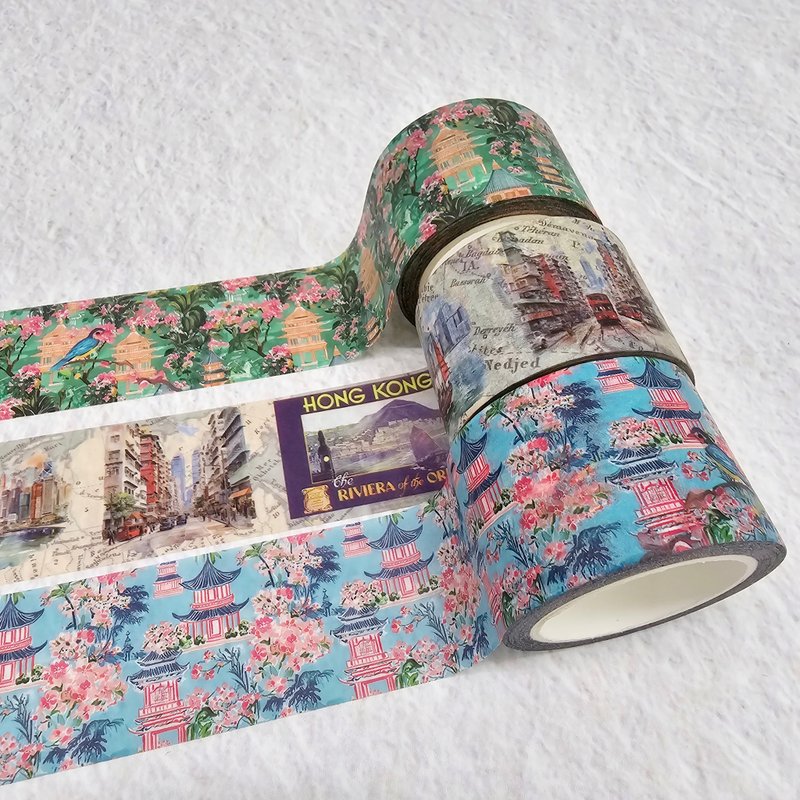 Hong Kong vintage theme washi sticker tapes. extra long - 贴纸 - 纸 蓝色
