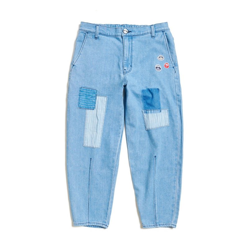 江户胜 日系 男装 后松紧补丁雷射丹宁锥形牛仔裤(拔浅蓝) #裤子 - 男士长裤 - 棉．麻 蓝色