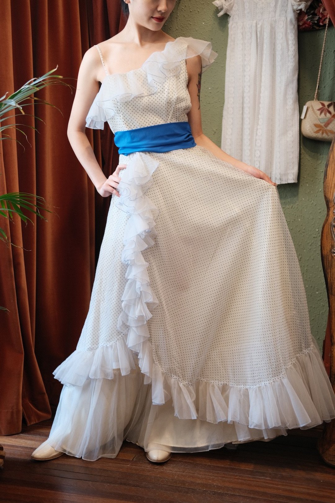 Vintage dress1970s美产不对称设计荷叶边波点连衣裙礼服婚纱洋装 - 洋装/连衣裙 - 棉 