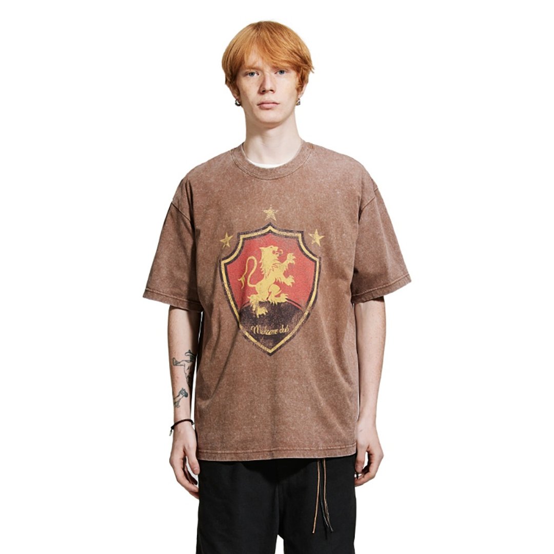 MOKACME 24SS 复古vintage风做旧盾徽印花洗水纯棉宽松短袖T恤 - 男装上衣/T 恤 - 棉 咖啡色