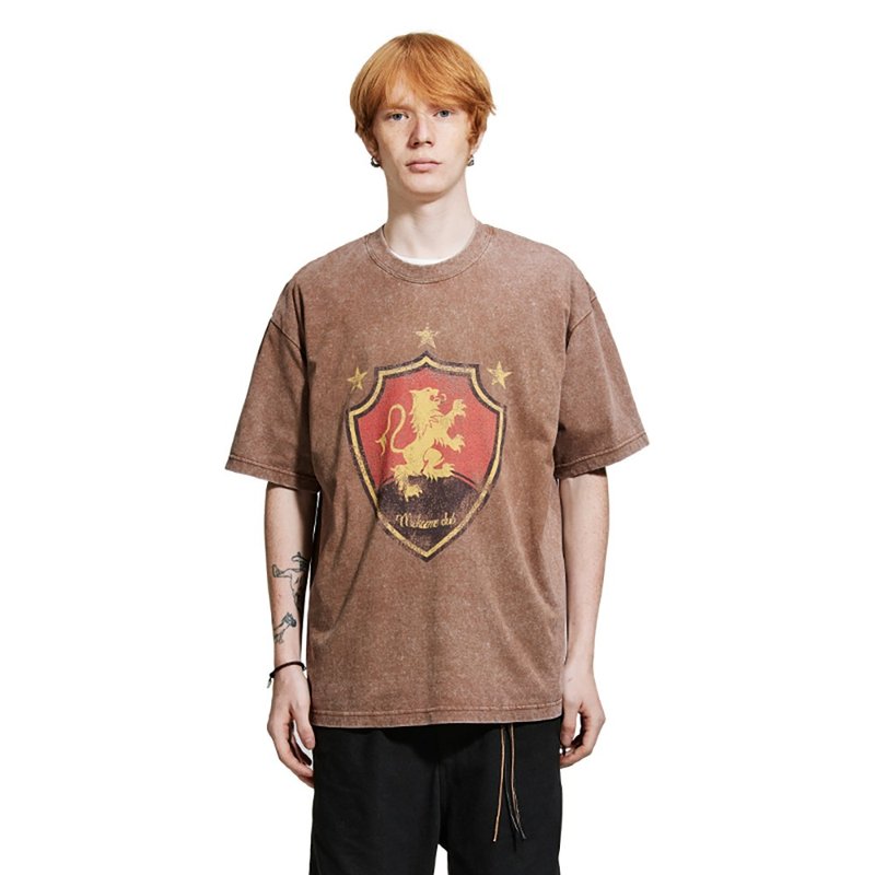 MOKACME 24SS 复古vintage风做旧盾徽印花洗水纯棉宽松短袖T恤 - 男装上衣/T 恤 - 棉．麻 咖啡色