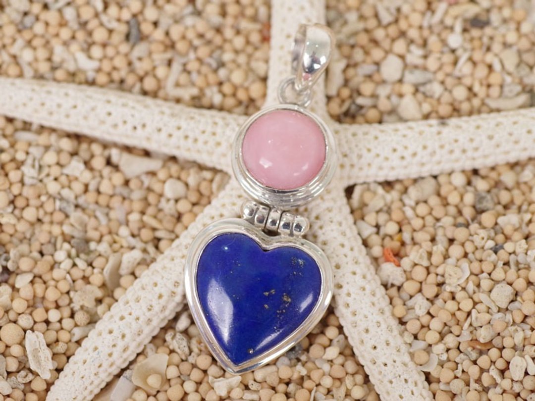 Heart's lapis lazuli and pink opal pendant top - 项链 - 石头 蓝色