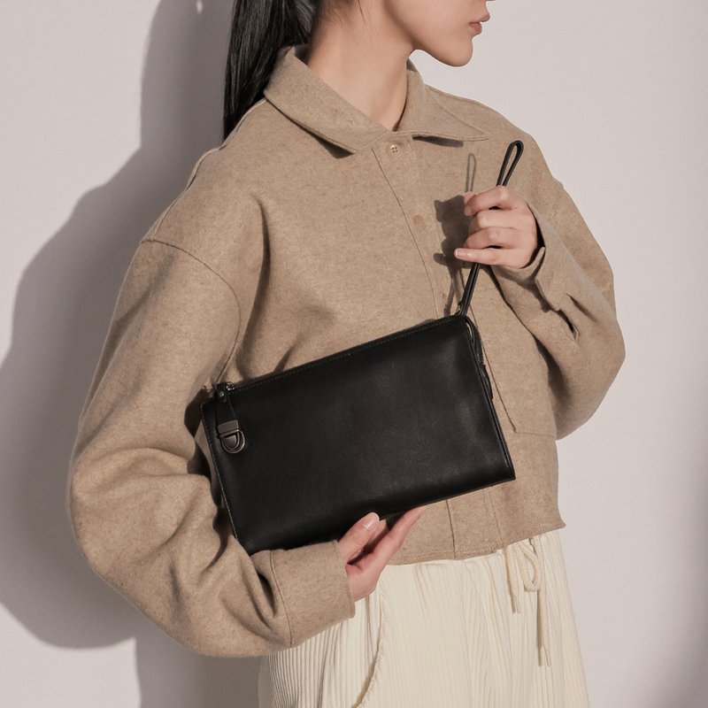 银扣简约手拿包-黑色 - 手拿包 - 真皮 黑色