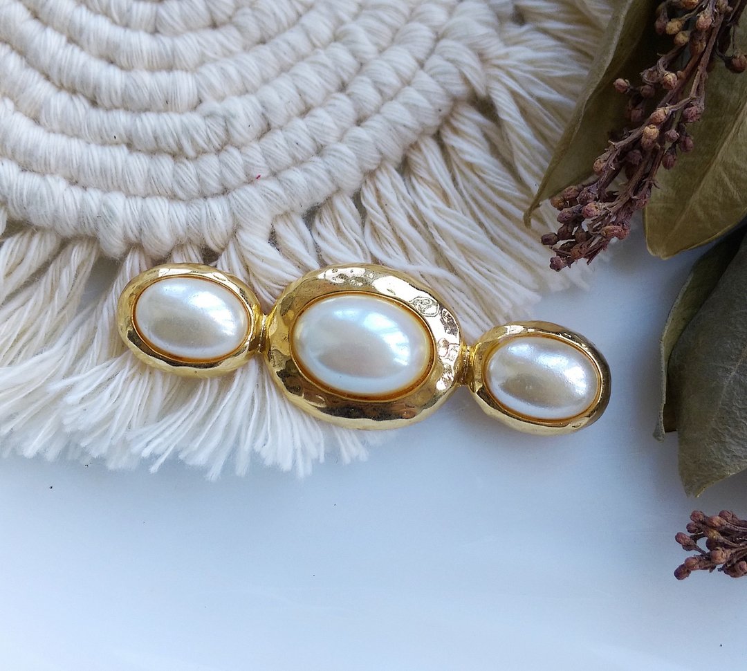 Vintage Jewelry 西洋古董饰品 一字 优雅 珍珠  别针 - 徽章/别针 - 其他金属 金色
