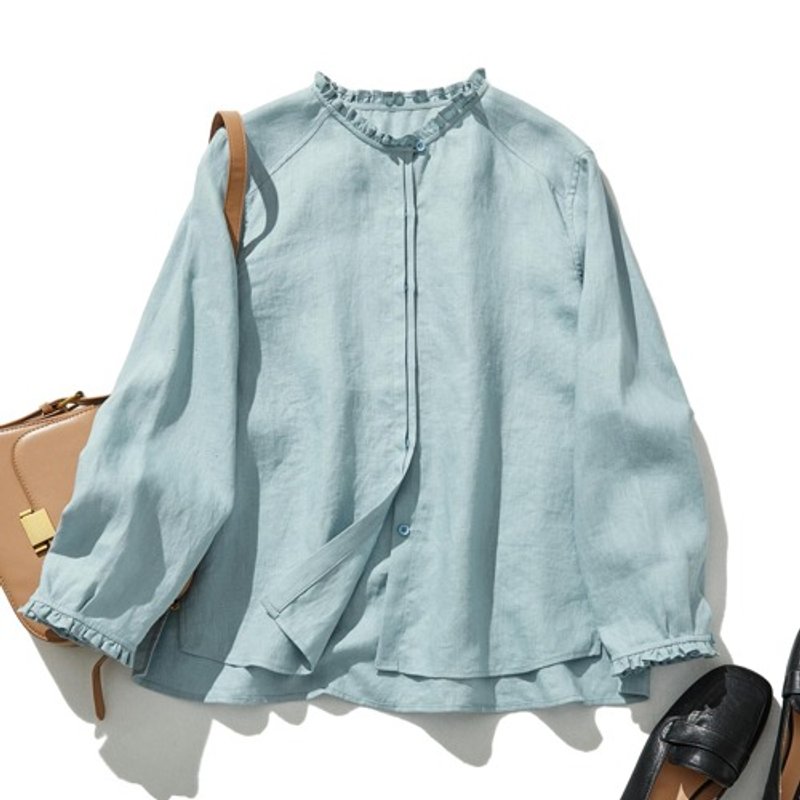 前襟细节设计 100% 亚麻荷叶边上衣 简约优雅 浅水蓝色 240409-2 - 女装上衣 - 棉．麻 