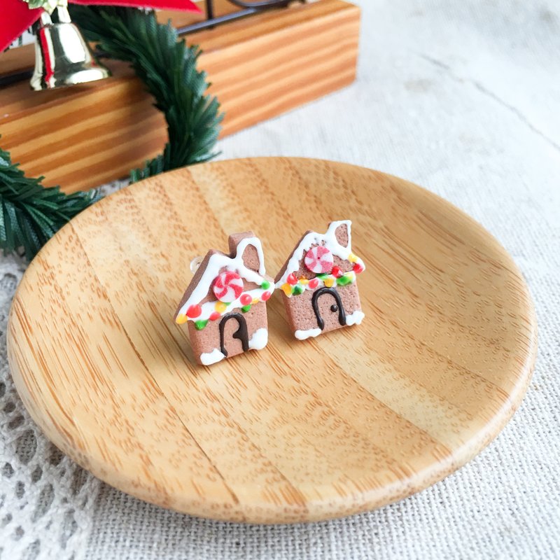 迷你姜饼屋 耳环 圣诞节 交换礼物 平贴 单支 - 耳环/耳夹 - 粘土 红色