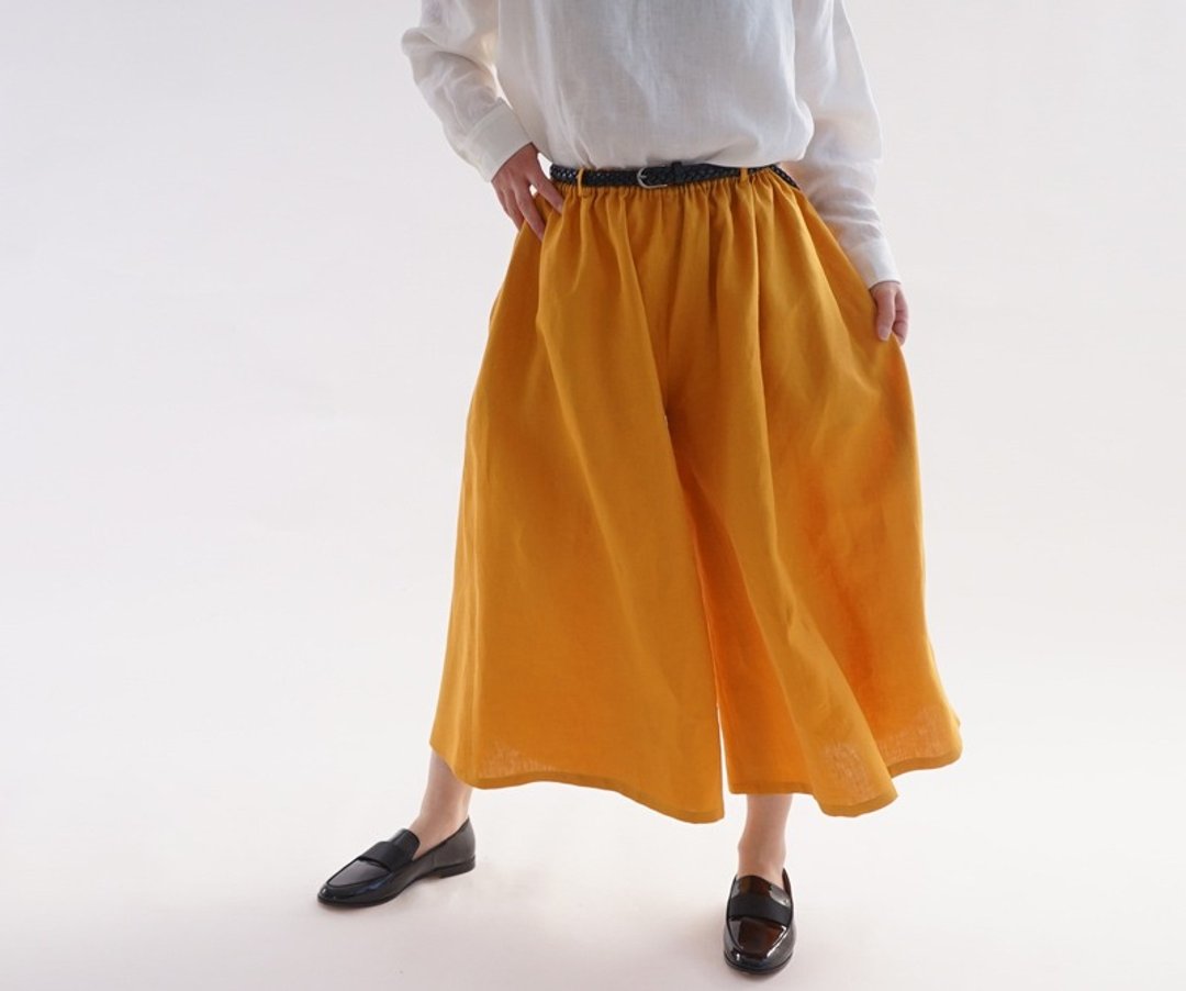 Belgian Linen Wide Scarcho Pants / Indian Yellow b002a-iye2 - 女装长裤 - 棉 黄色