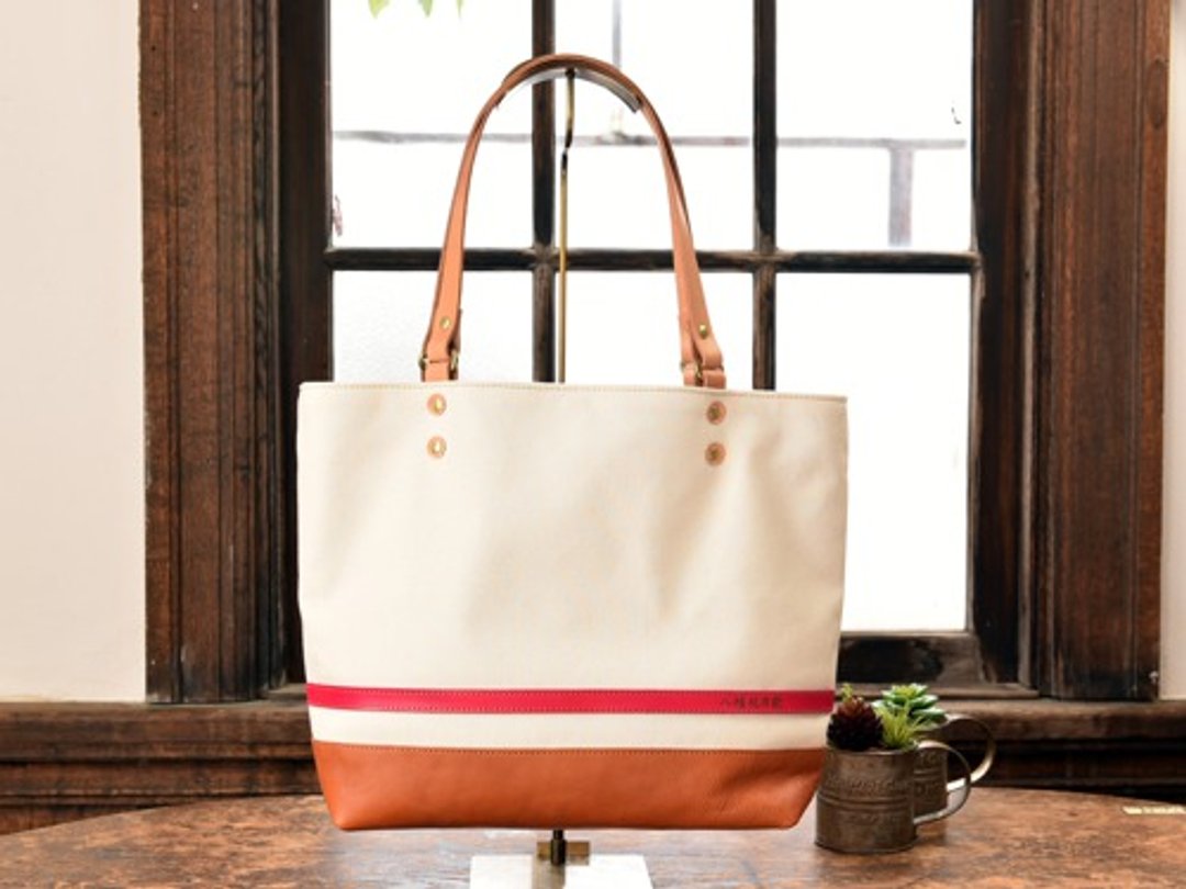 [Summer color] Tote bag made of leather and canvas from Takashima White x Pink L size - 手提包/手提袋 - 棉．麻 白色
