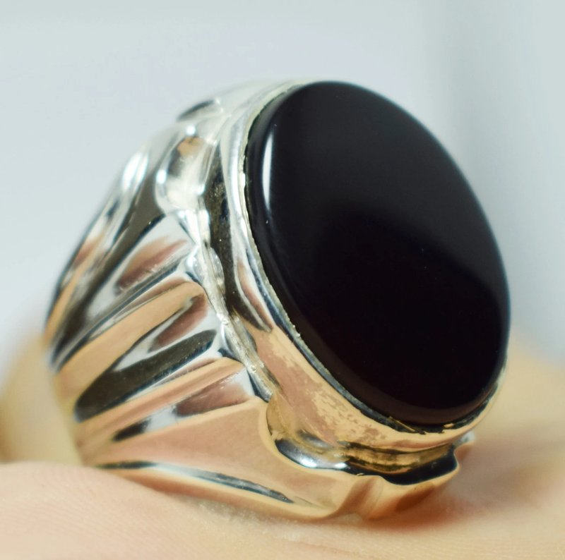Aqeeq 戒指 男款 真正玛瑙 Akik Aqiq Bague 也门 Yamni 手工戒指 纯银 - 戒指 - 宝石 黑色