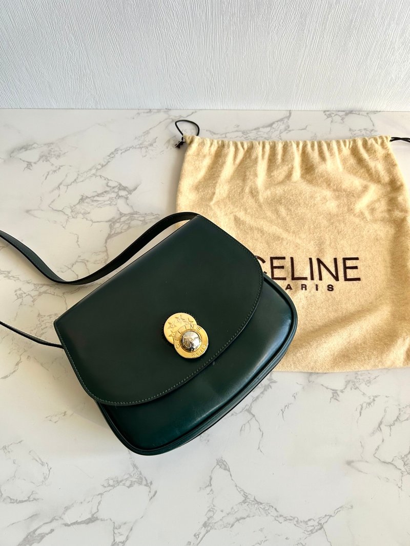 稀有中古二手Celine旋转金星球深绿色皮革豆腐小包单肩手袋斜侧背 - 侧背包/斜挎包 - 真皮 绿色