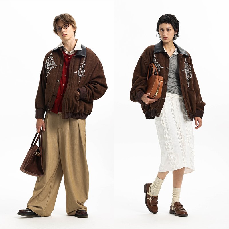 【50%羊毛混纺】Unvesno(UN) 中古纯手工钉珠片刺绣保暖棉服外套 - 男装外套 - 其他材质 