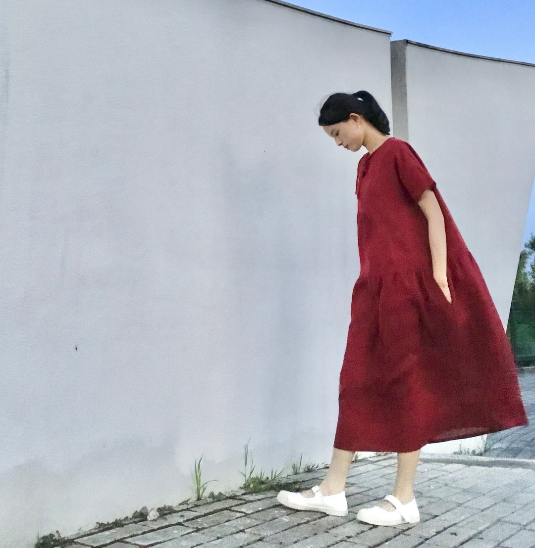 小红莓/酵素洗亚麻/蝴蝶结绑带圆领开襟低腰短袖长版洋装100%亚麻 - 洋装/连衣裙 - 棉 红色