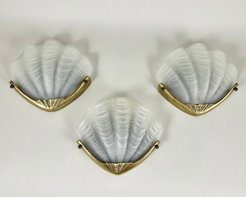 复古玻璃青铜贝壳壁灯烛台 80 年代装饰艺术风格 3 件套 - 灯具/灯饰 - 玻璃 透明