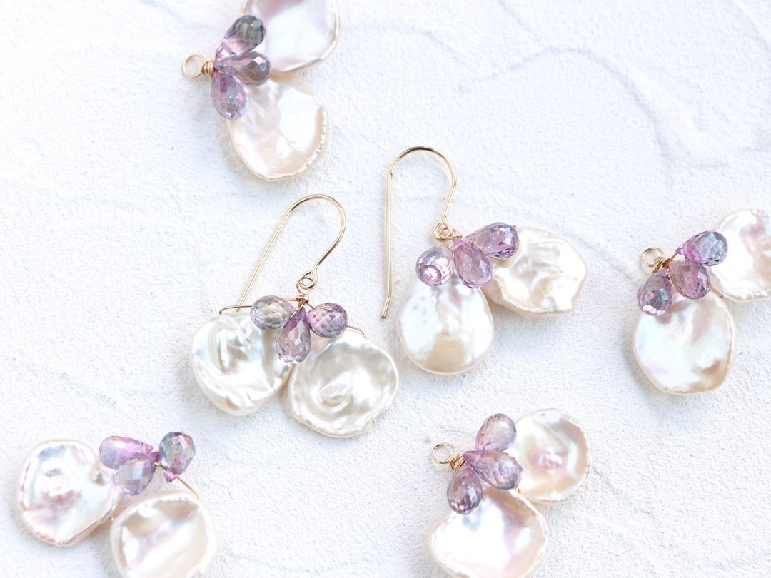 14kgf-mystic topaz and pearl flower pierced earrings - 耳环/耳夹 - 贵金属 紫色