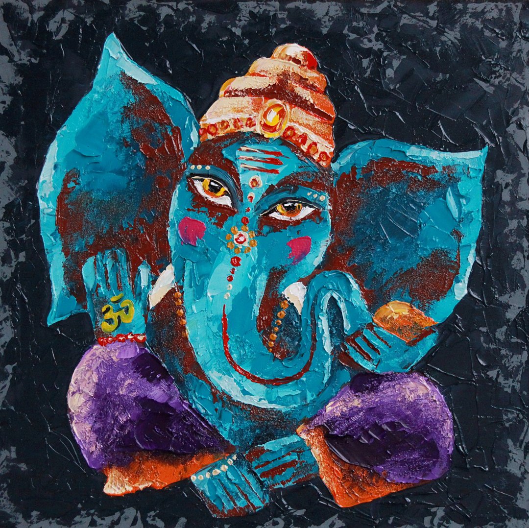Ganesha Painting Indian Original Art Ganapati Wall Art Small Oil Artwork - 海报/装饰画/版画 - 其他材质 蓝色