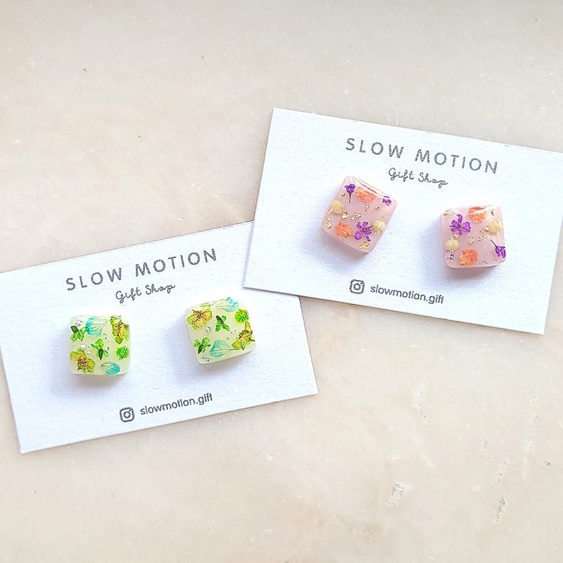 干燥花方形小耳环/耳夹 抗过敏医疗钢 - 耳环/耳夹 - 植物．花 多色