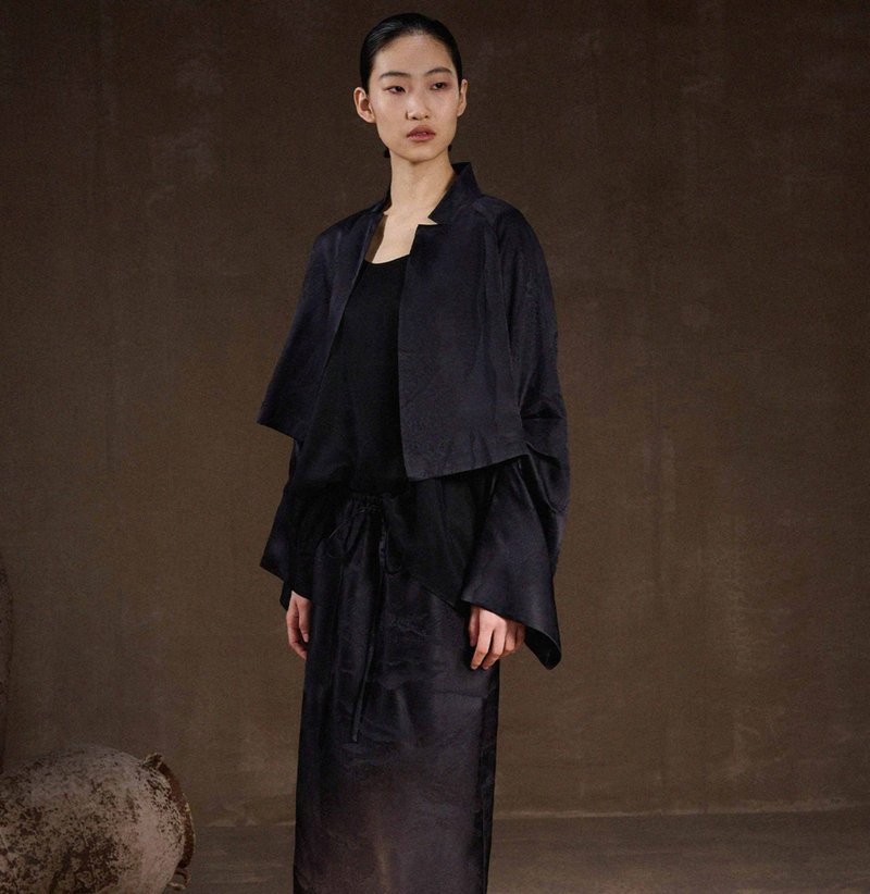 【香云纱】新中式复古 竹叶纹提花/立领改良上衣 - 女装上衣 - 丝．绢 咖啡色