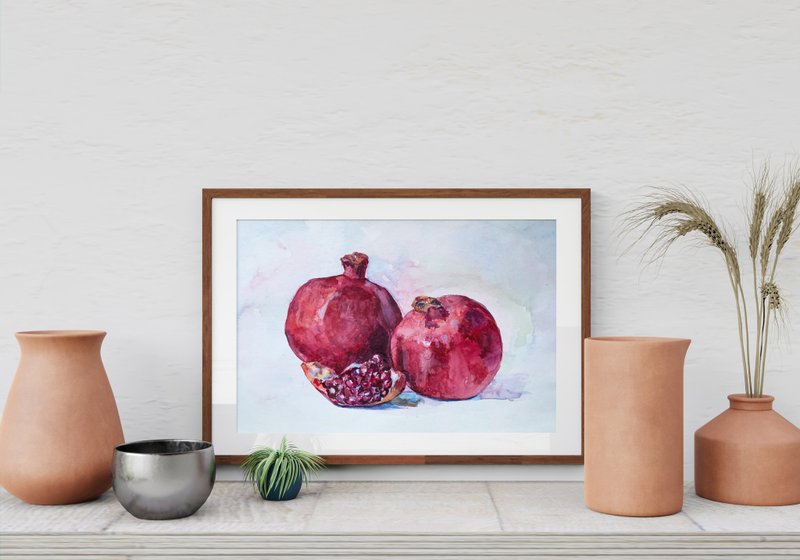 Pomegranates watercolor painting Fruit original art Kitchen small still life - 墙贴/壁贴 - 纸 红色