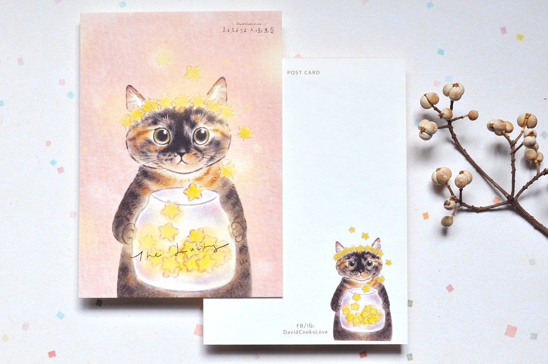 玳瑁猫咪 插画明信片-福星高照 - 卡片/明信片 - 纸 粉红色