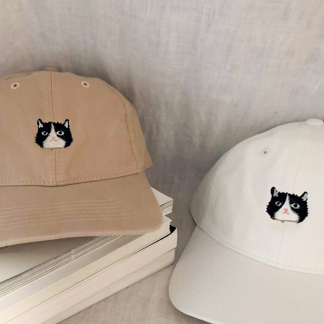 Happy Cat / Embroidery cap /  Cream, White, Light Blue Denim - 帽子 - 棉 多色