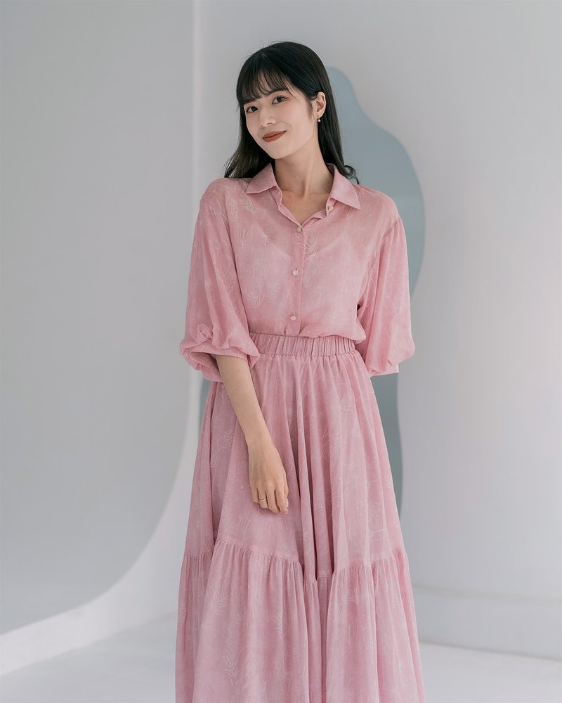 【千叶印花】裙摆甩甩 松紧腰带 有口袋长裙 复古抚子色 S-2XL - 裙子 - 棉．麻 粉红色