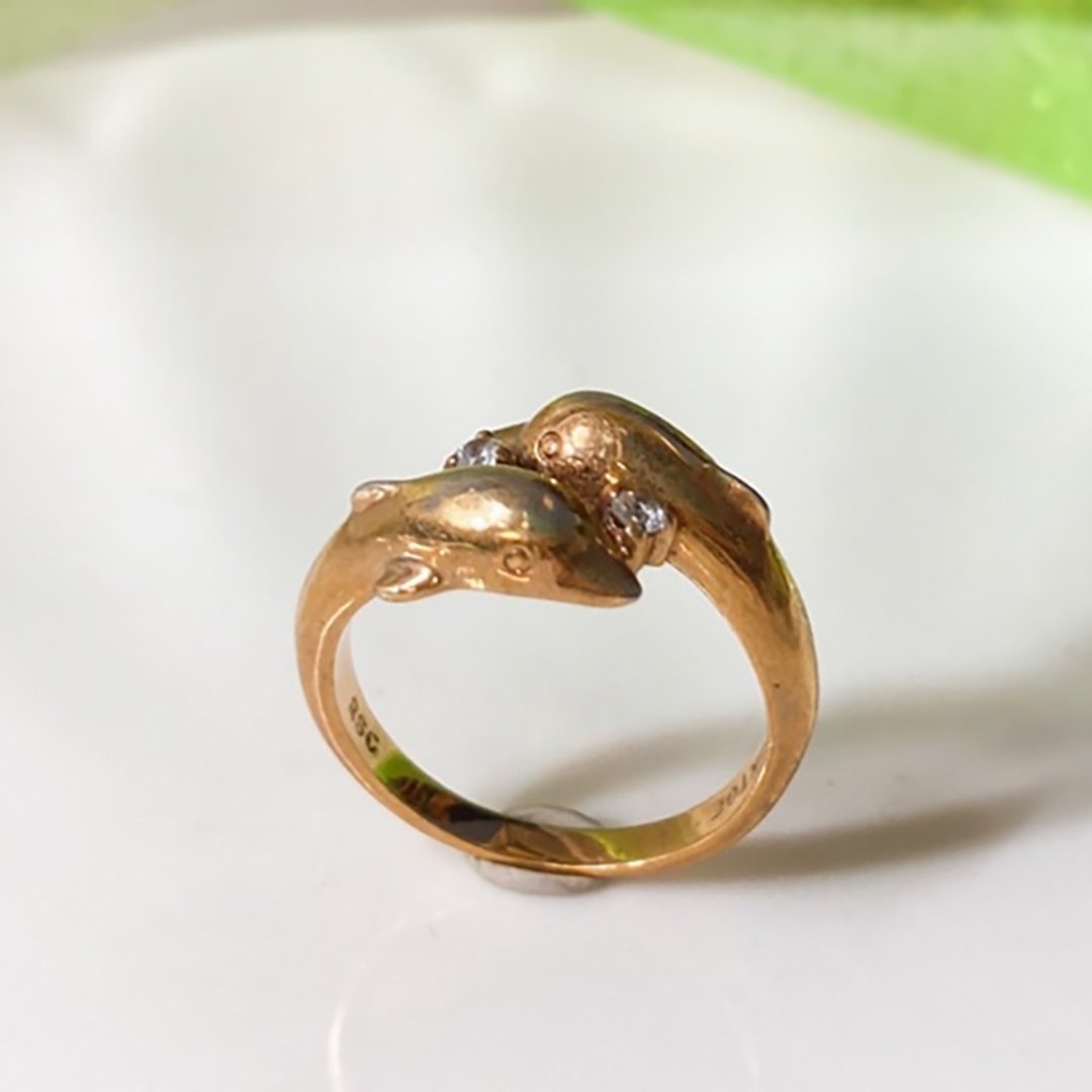 【西洋古董饰品】 双立体海豚 栩栩如生 莱茵钻  徜徉海洋 戒指 - 戒指 - 贵金属 金色