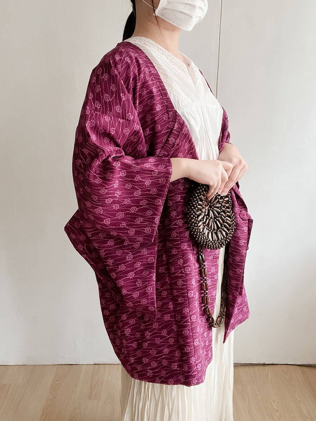 早秋日本制和风印花桃红紫色薄款古着道行羽织和服外套 - 女装休闲/机能外套 - 聚酯纤维 紫色