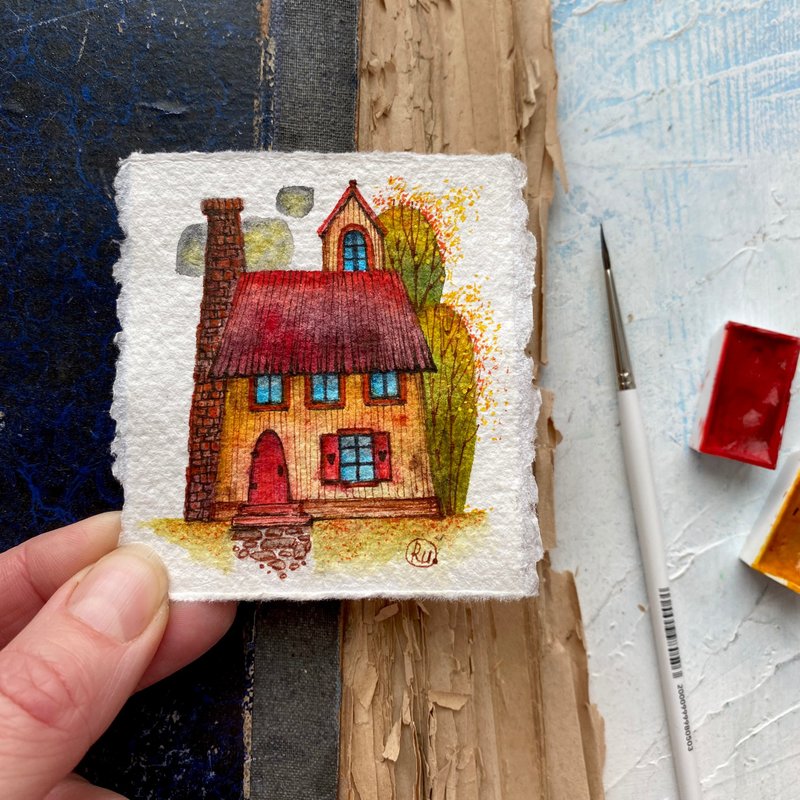 Red roof house painting Tiny Original art Mini artwork Small art by Rubinova - 海报/装饰画/版画 - 纸 红色