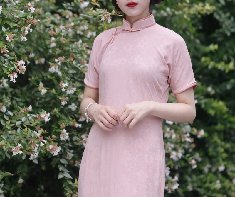 【胭脂淡】新中式民国复古风 全开襟短袖旗袍 - 旗袍 - 其他材质 粉红色